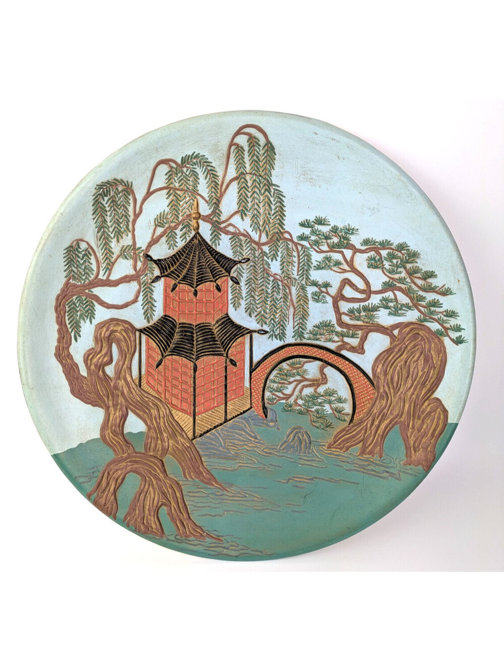 Vintage 1969 Chinoiserie Ceramic Charger Plate Large 15” Pagoda Moon Bridge Art